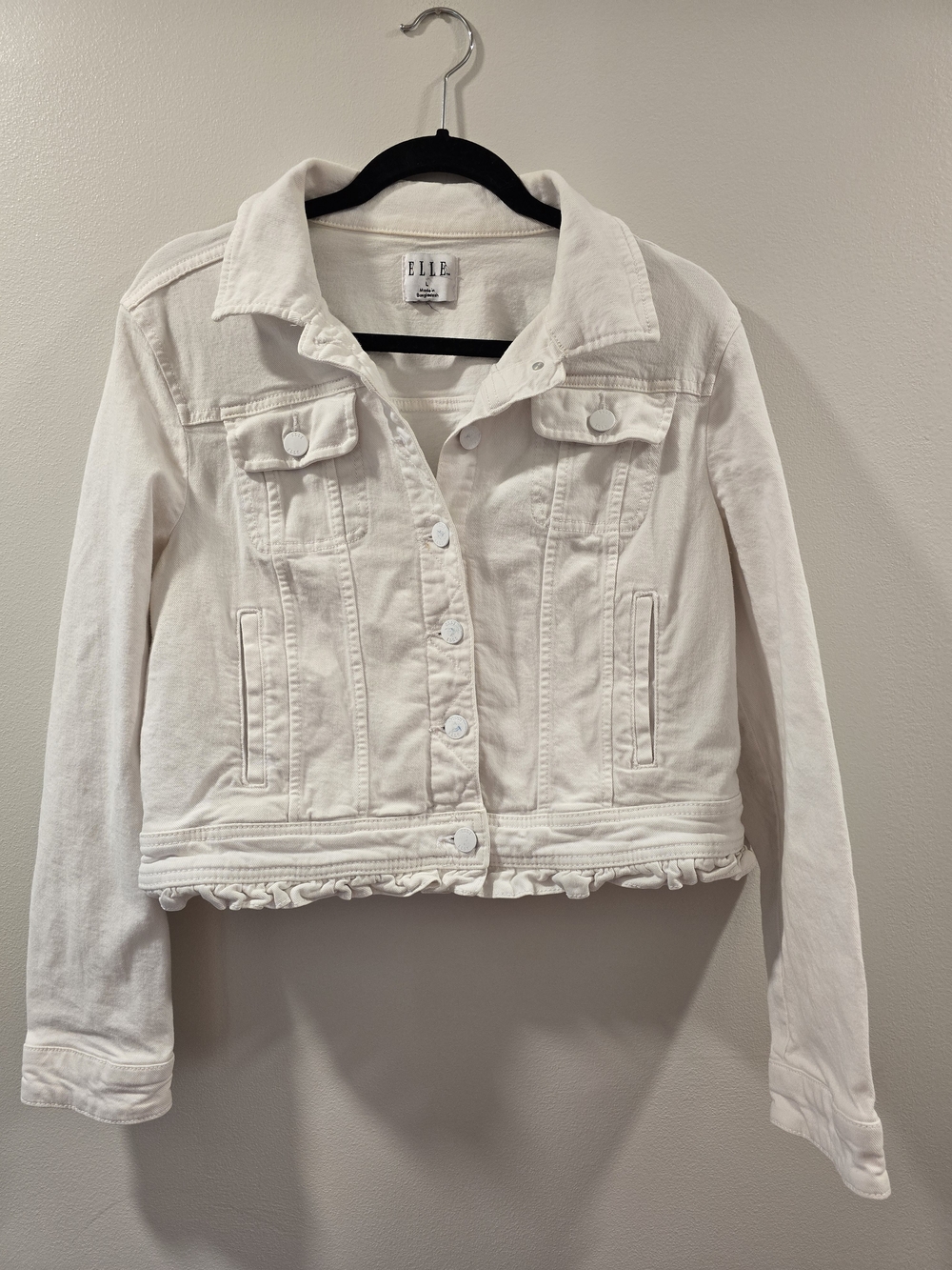 Elle White Cropped Ruffle-Hem Denim Jacket - Size L